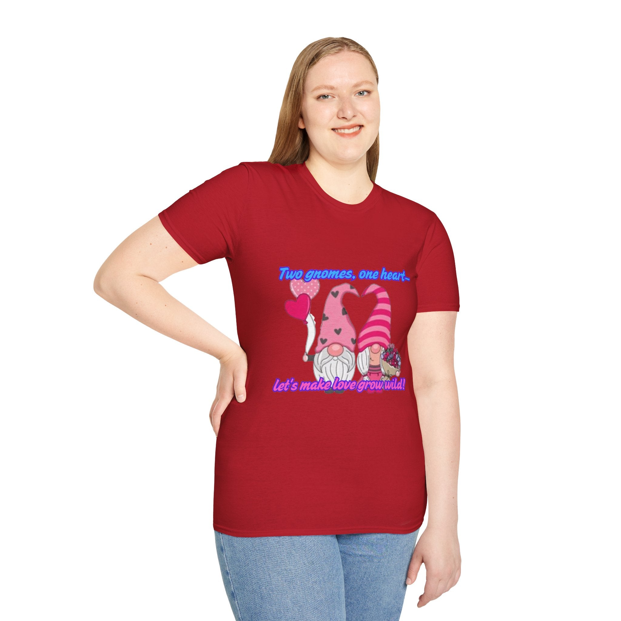 Two Gnomes, One Heart- Let's Make Love Grow Wild Unisex Softstyle T-Shirt