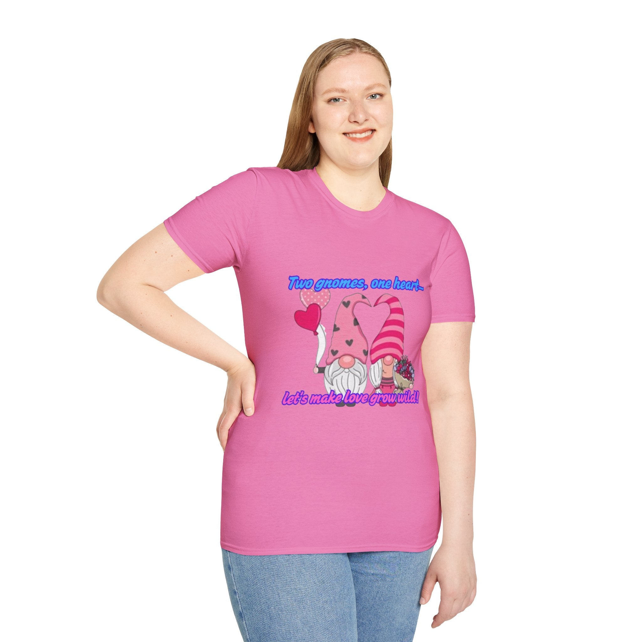 Two Gnomes, One Heart- Let's Make Love Grow Wild Unisex Softstyle T-Shirt