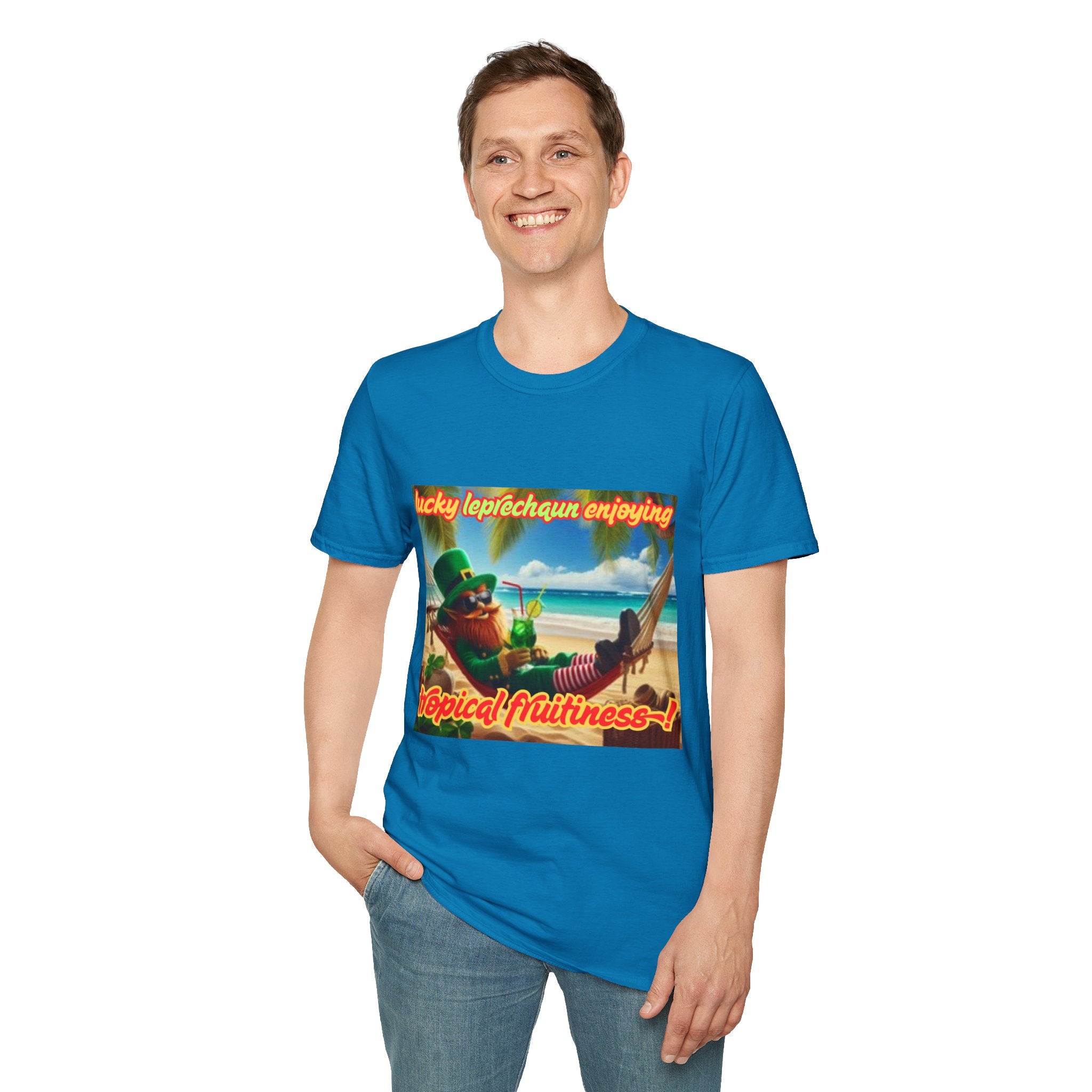 Lucky Leprechaun Enjoying Tropical Fruitiness! Unisex Softstyle T-Shirt