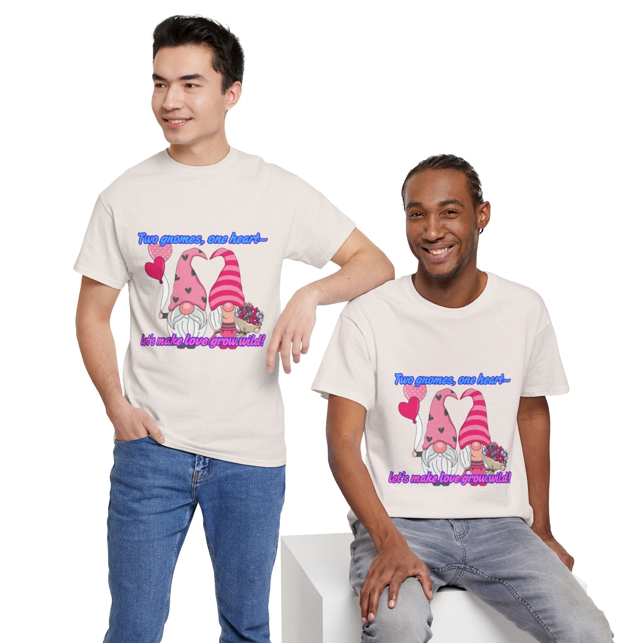 Two Gnomes, One Heart- Let's Make Love Grow Wild Unisex Heavy Cotton T-Shirt