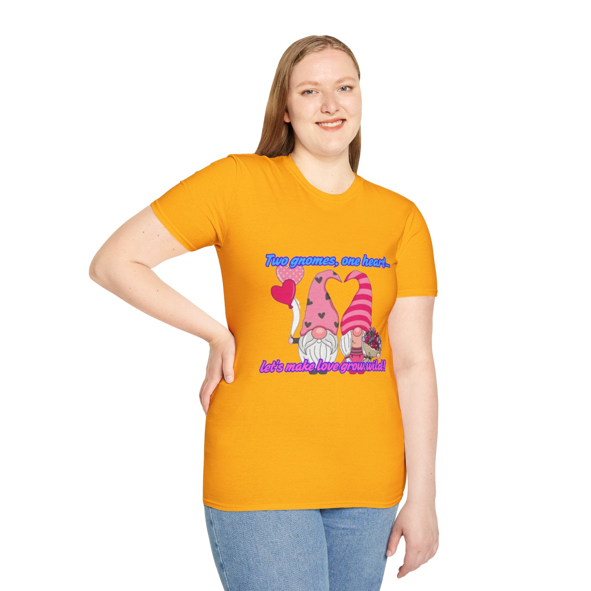 Two Gnomes, One Heart- Let's Make Love Grow Wild Unisex Softstyle T-Shirt