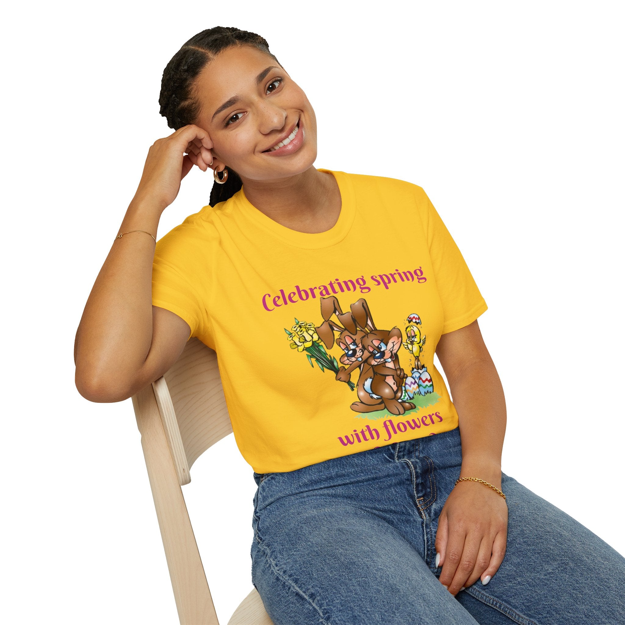 Celebrating Spring With Flowers And Friends Bunny Unisex Softstyle T-Shirt