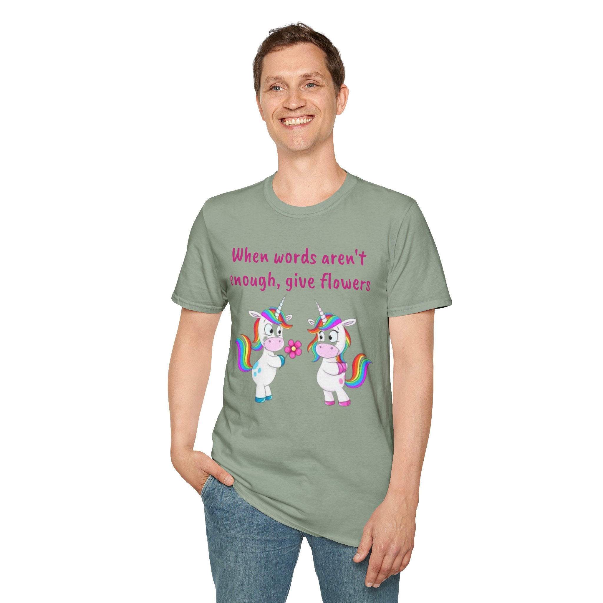 When Words Aren’t Enough, Give Flowers Unicorn Unisex Softstyle T-Shirt