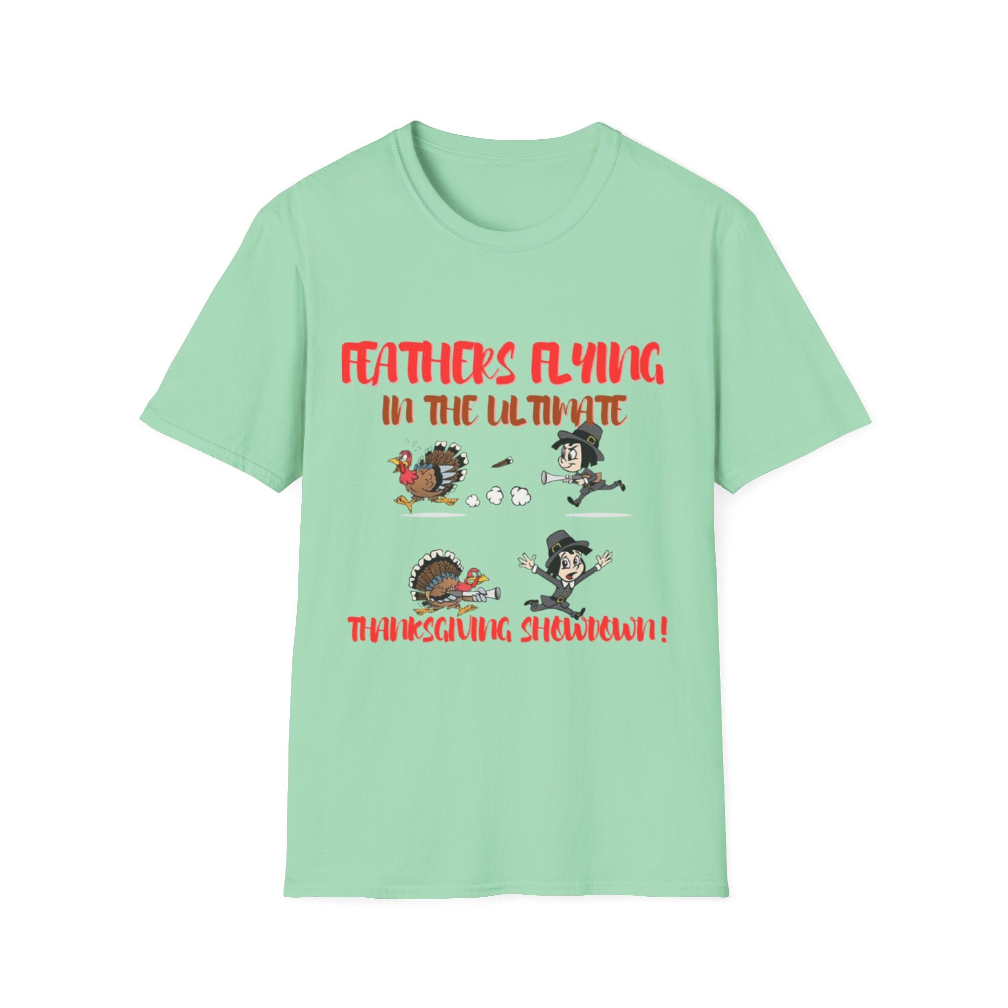 Feathers Flying In The Ultimate Thanksgiving Showdown Unisex Softstyle T-Shirt