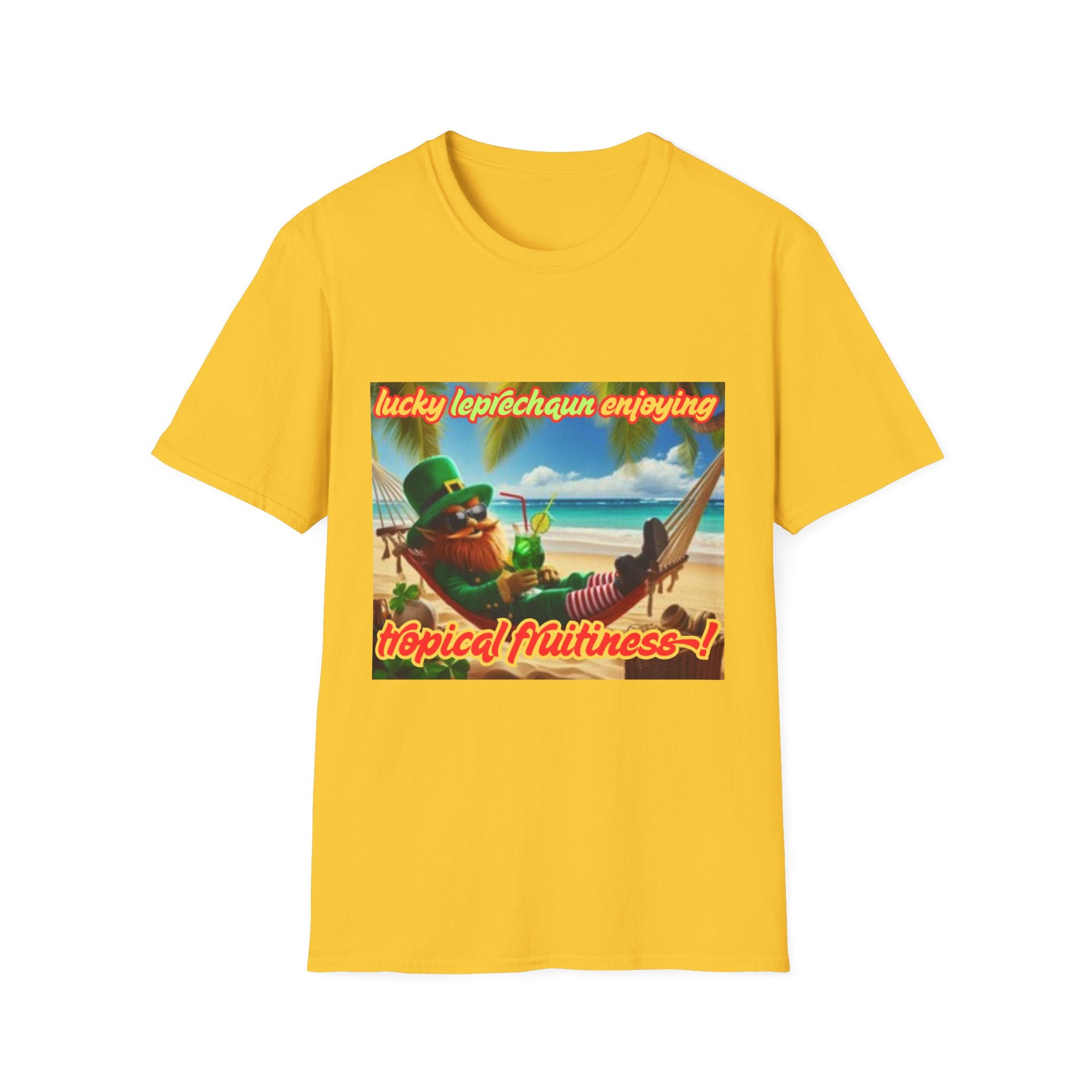 Lucky Leprechaun Enjoying Tropical Fruitiness! Unisex Softstyle T-Shirt