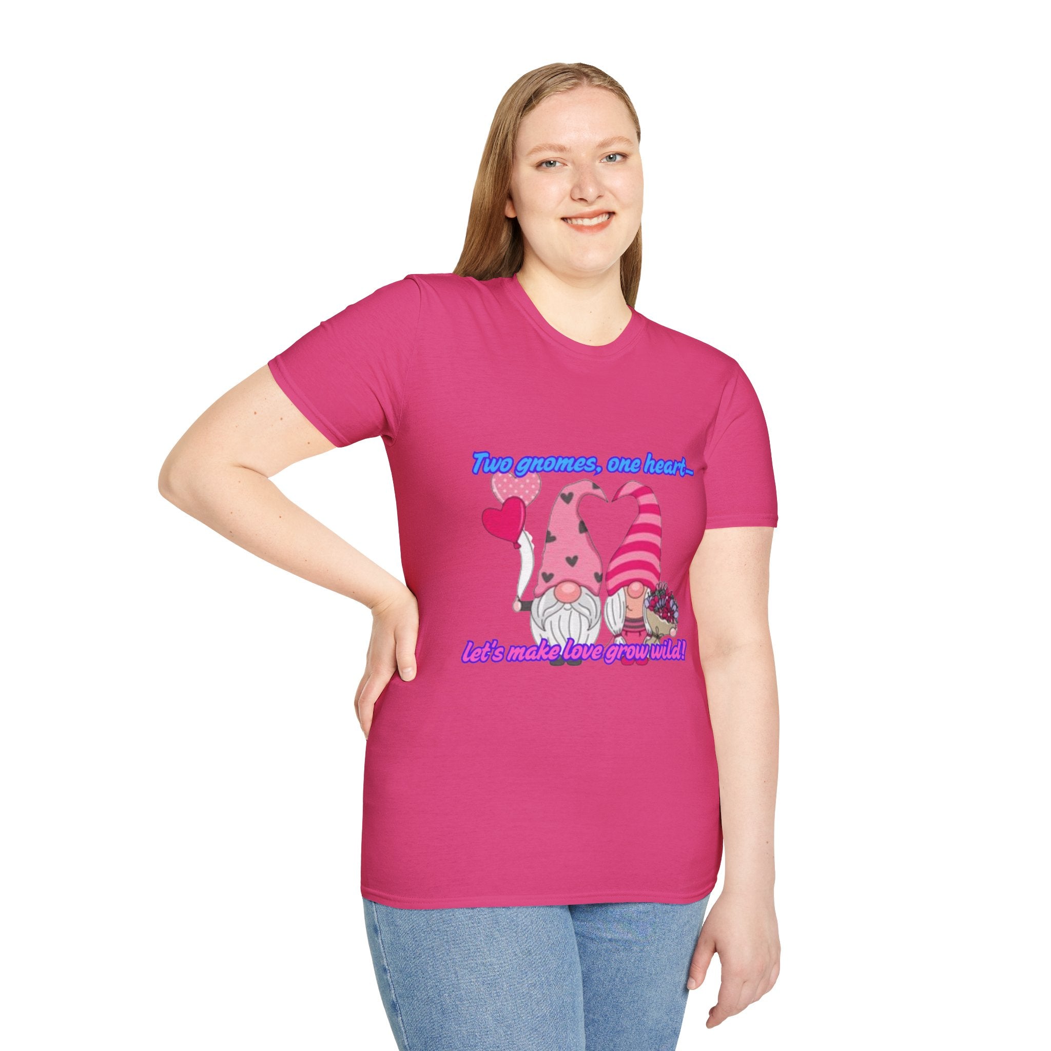 Two Gnomes, One Heart- Let's Make Love Grow Wild Unisex Softstyle T-Shirt
